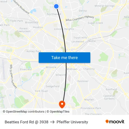 Beatties Ford Rd @ 3938 to Pfeiffer University map