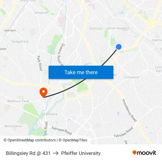 Billingsley Rd @ 431 to Pfeiffer University map