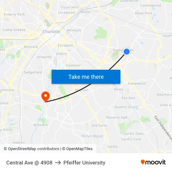 Central Ave @ 4908 to Pfeiffer University map