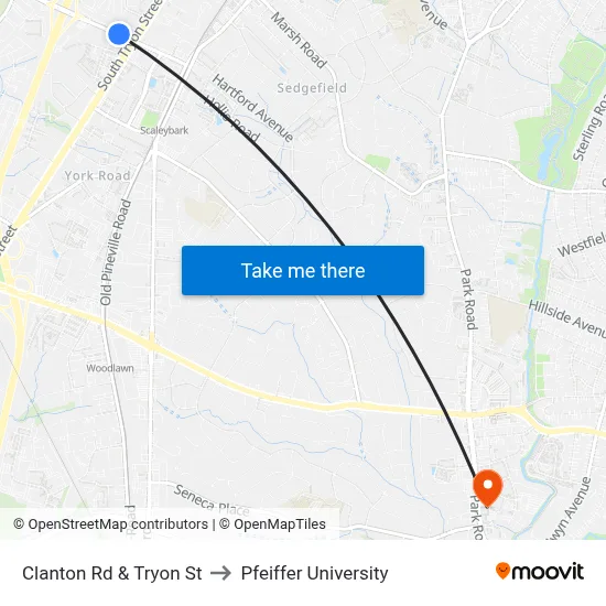 Clanton Rd & Tryon St to Pfeiffer University map