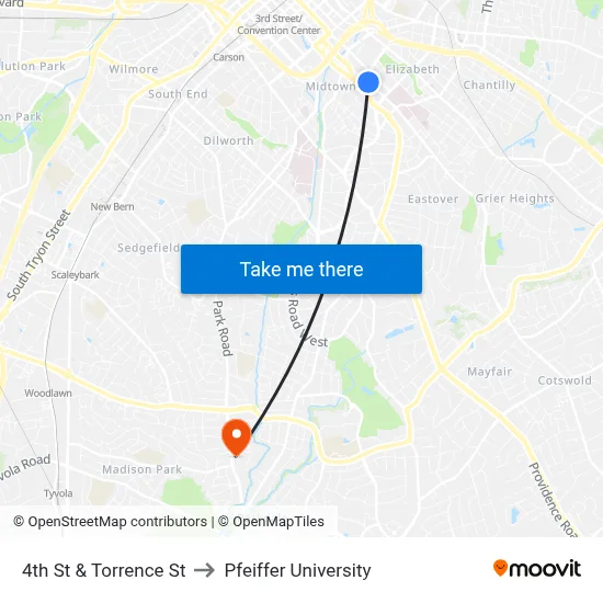 4th St & Torrence St to Pfeiffer University map