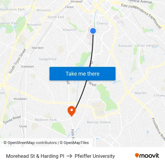 Morehead St & Harding Pl to Pfeiffer University map