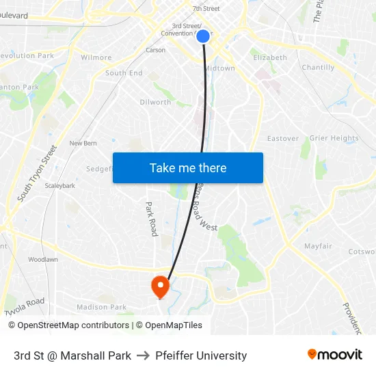3rd St @ Marshall Park to Pfeiffer University map