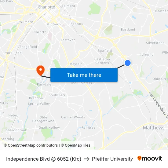 Independence Blvd @ 6052 (Kfc) to Pfeiffer University map