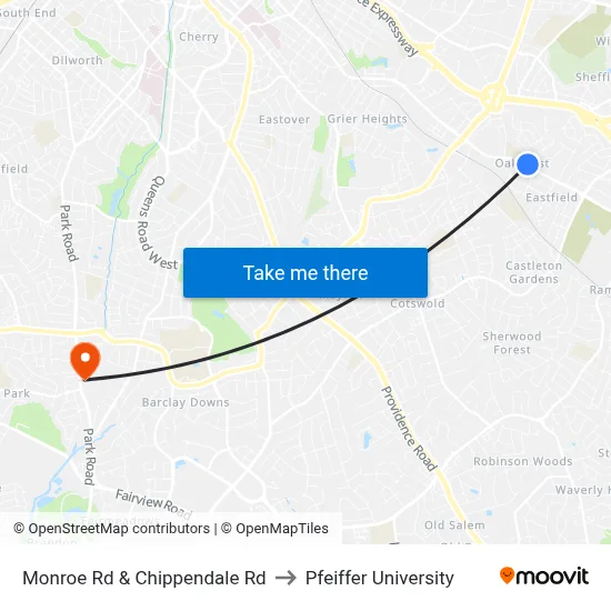 Monroe Rd & Chippendale Rd to Pfeiffer University map