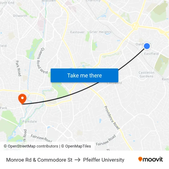 Monroe Rd & Commodore St to Pfeiffer University map