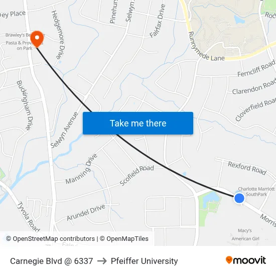 Carnegie Blvd @ 6337 to Pfeiffer University map