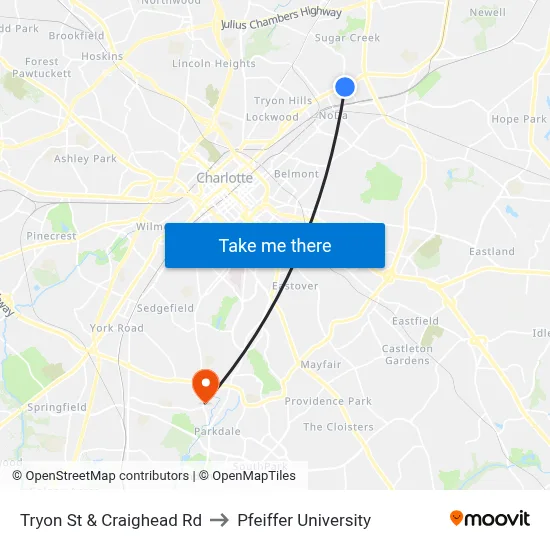 Tryon St & Craighead Rd to Pfeiffer University map