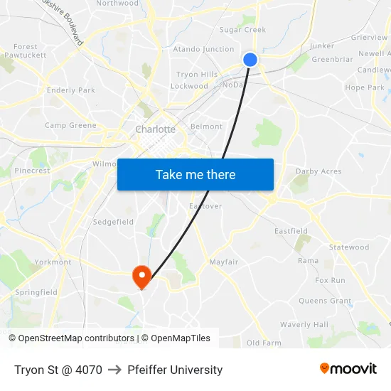 Tryon St @ 4070 to Pfeiffer University map