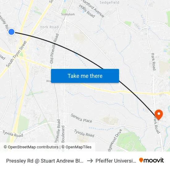 Pressley Rd @ Stuart Andrew Blvd to Pfeiffer University map