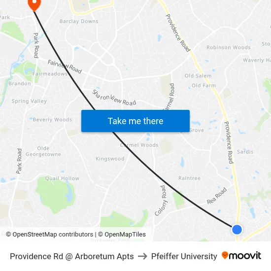 Providence Rd @ Arboretum Apts to Pfeiffer University map