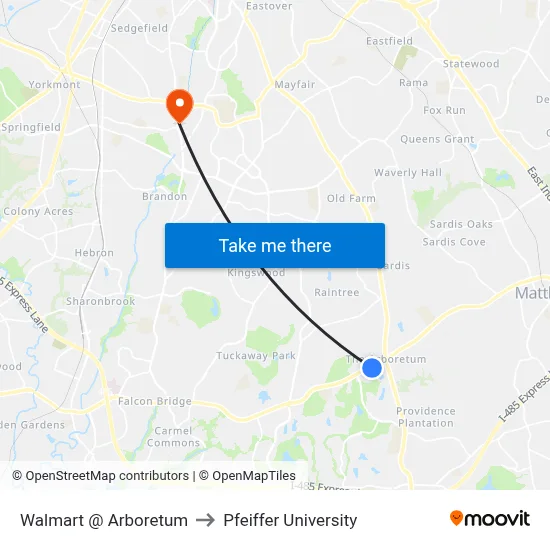 Walmart @ Arboretum to Pfeiffer University map