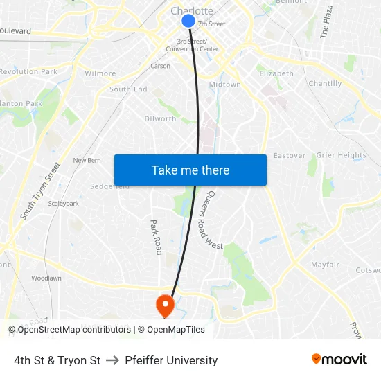 4th St & Tryon St to Pfeiffer University map