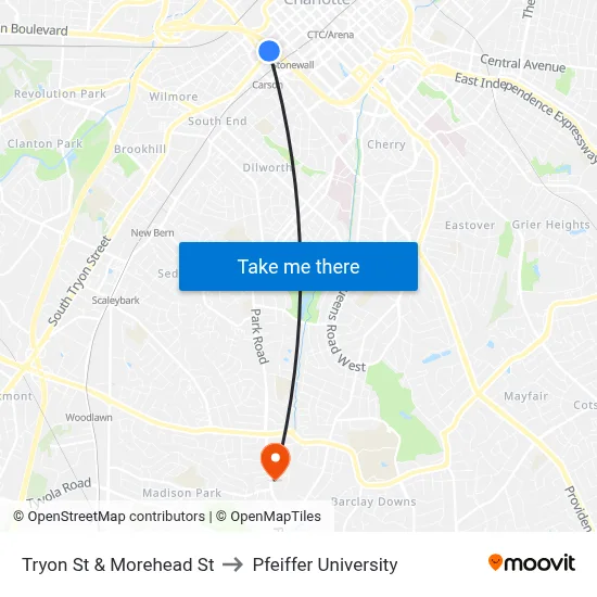 Tryon St & Morehead St to Pfeiffer University map