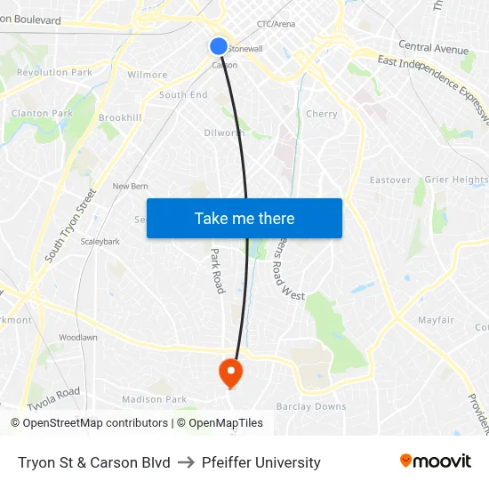 Tryon St & Carson Blvd to Pfeiffer University map