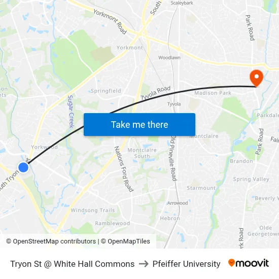 Tryon St @ White Hall Commons to Pfeiffer University map