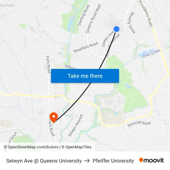 Selwyn Ave @ Queens University to Pfeiffer University map