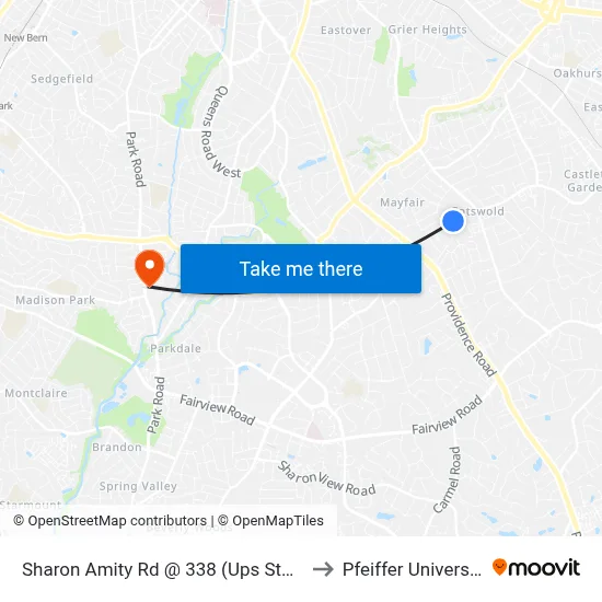 Sharon Amity Rd @ 338 (Ups Store) to Pfeiffer University map