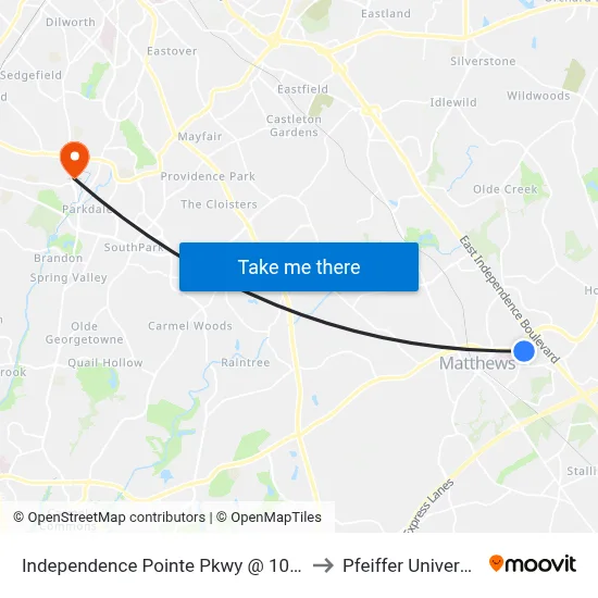 Independence Pointe Pkwy @ 10630 to Pfeiffer University map