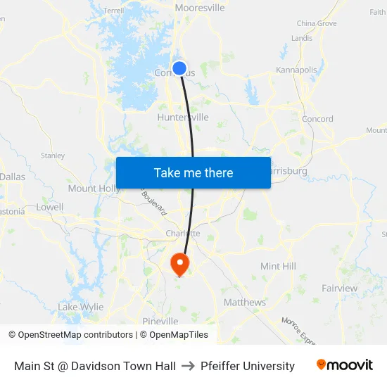 Main St @ Davidson Town Hall to Pfeiffer University map