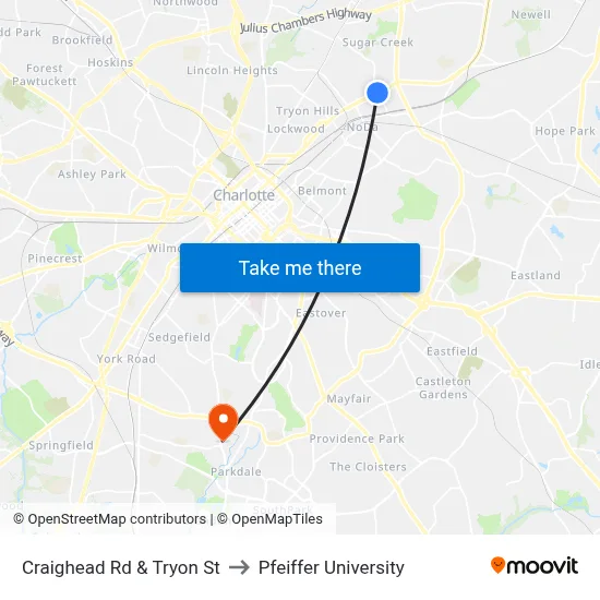 Craighead Rd & Tryon St to Pfeiffer University map