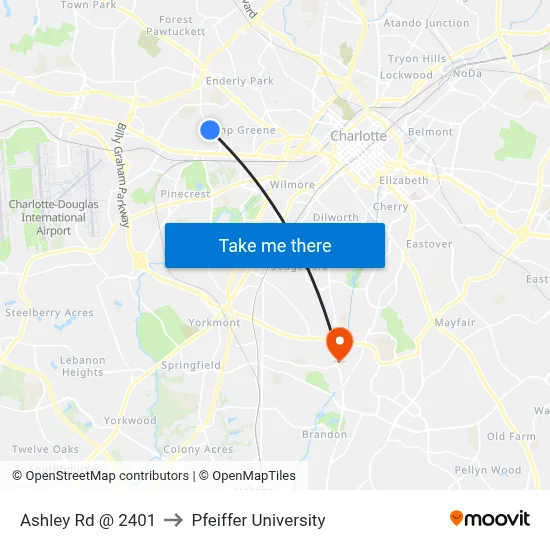 Ashley Rd @ 2401 to Pfeiffer University map