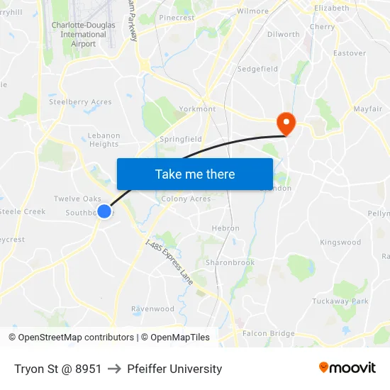 Tryon St @ 8951 to Pfeiffer University map