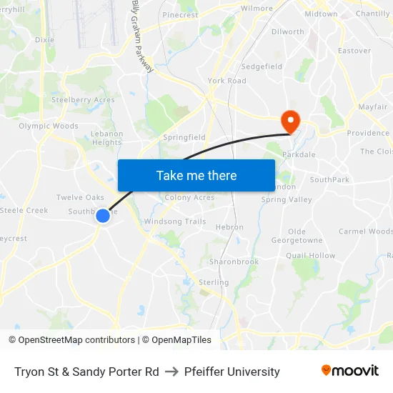Tryon St & Sandy Porter Rd to Pfeiffer University map