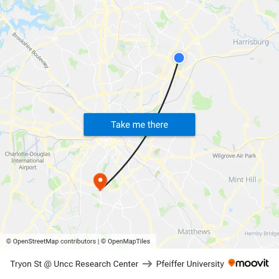 Tryon St @ Uncc Research Center to Pfeiffer University map