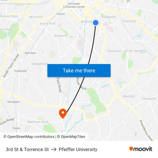 3rd St & Torrence St to Pfeiffer University map