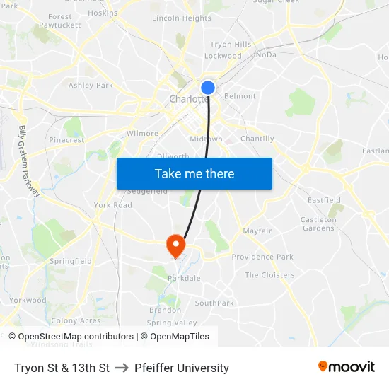 Tryon St & 13th St to Pfeiffer University map