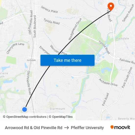 Arrowood Rd & Old Pineville Rd to Pfeiffer University map