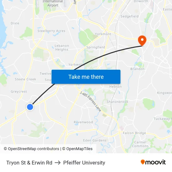 Tryon St & Erwin Rd to Pfeiffer University map