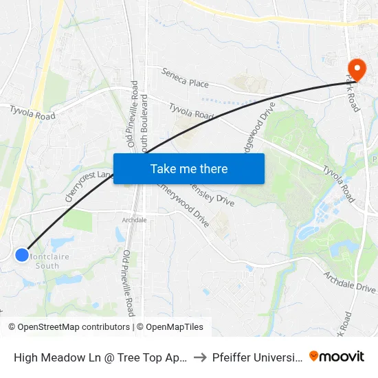 High Meadow Ln @ Tree Top Apts to Pfeiffer University map