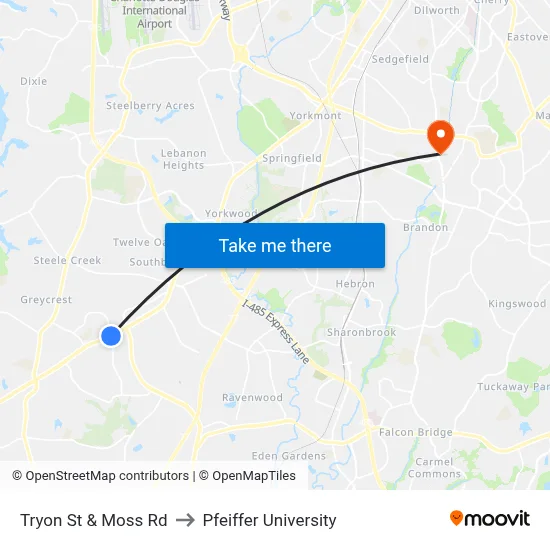 Tryon St & Moss Rd to Pfeiffer University map