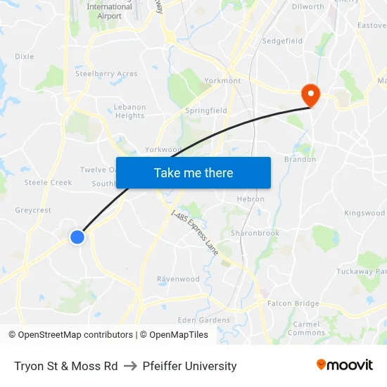 Tryon St & Moss Rd to Pfeiffer University map