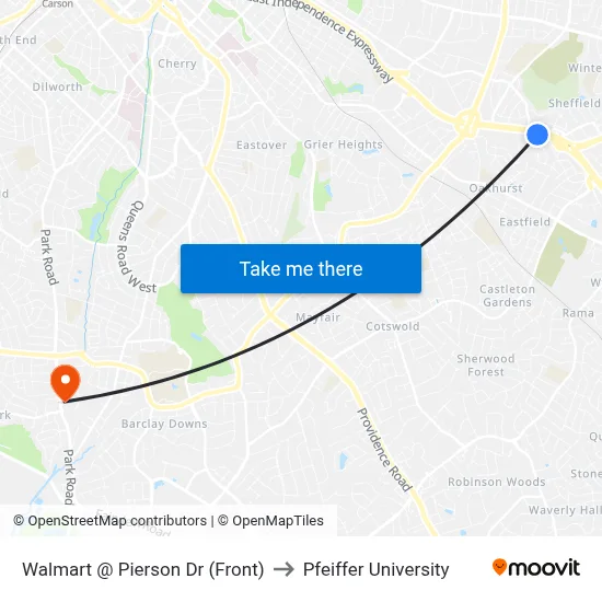 Walmart @ Pierson Dr (Front) to Pfeiffer University map