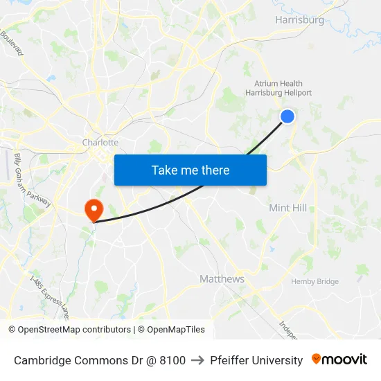 Cambridge Commons Dr @ 8100 to Pfeiffer University map