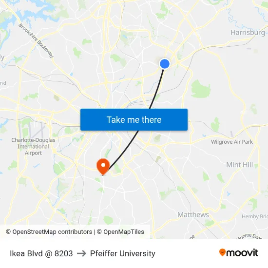 Ikea Blvd @ 8203 to Pfeiffer University map