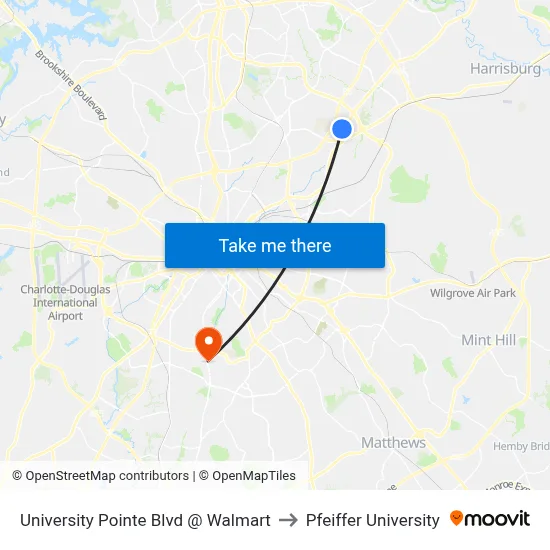 University Pointe Blvd @ Walmart to Pfeiffer University map