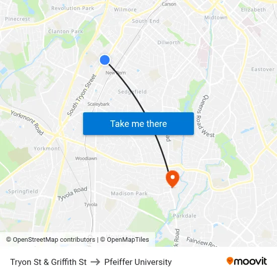 Tryon St & Griffith St to Pfeiffer University map