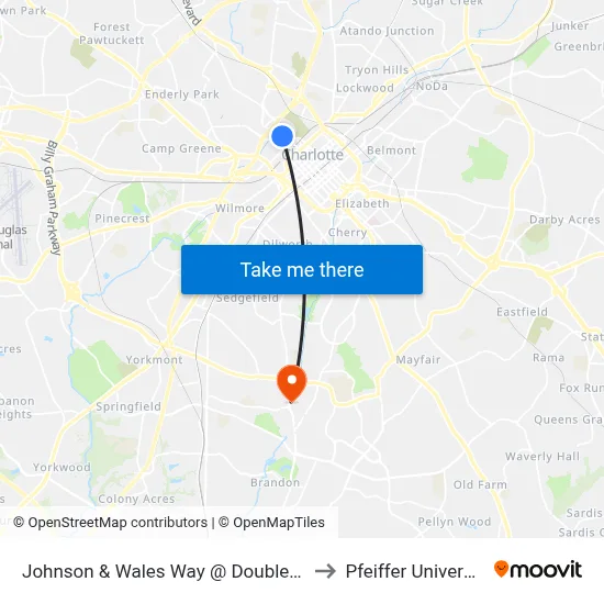 Johnson & Wales Way @ Doubletree to Pfeiffer University map