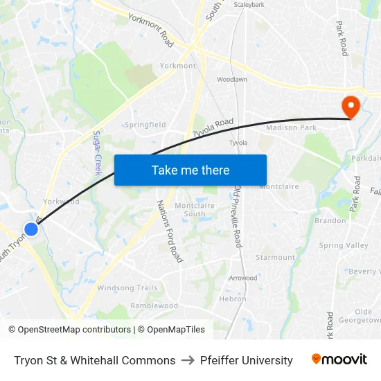 Tryon St & Whitehall Commons to Pfeiffer University map