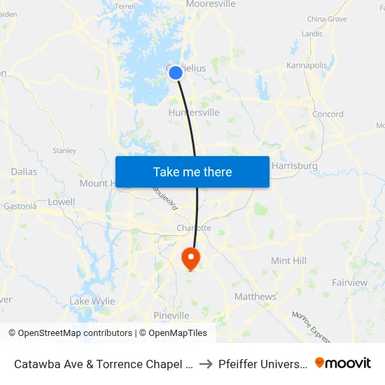 Catawba Ave & Torrence Chapel Rd to Pfeiffer University map