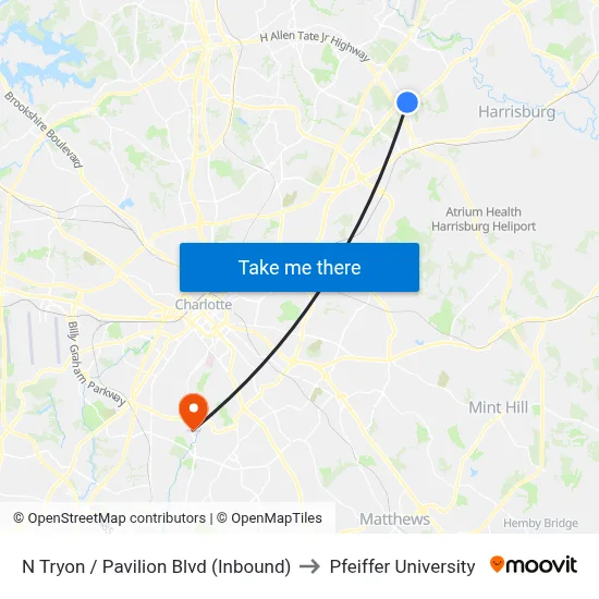 N Tryon / Pavilion Blvd (Inbound) to Pfeiffer University map