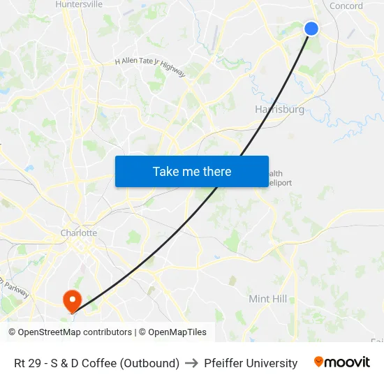 Rt 29 - S & D Coffee (Outbound) to Pfeiffer University map