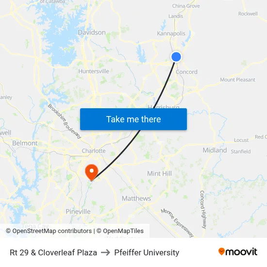Rt 29 & Cloverleaf Plaza to Pfeiffer University map