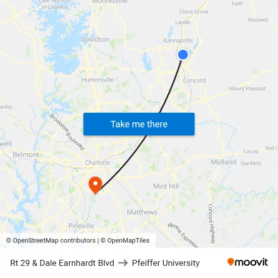 Rt 29 & Dale Earnhardt Blvd to Pfeiffer University map