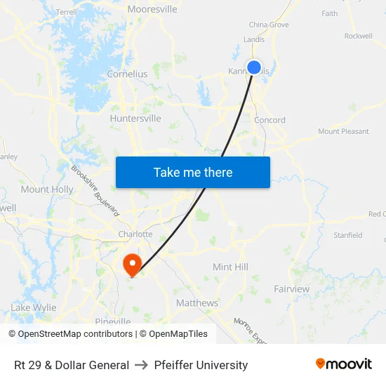 Rt 29 & Dollar General to Pfeiffer University map