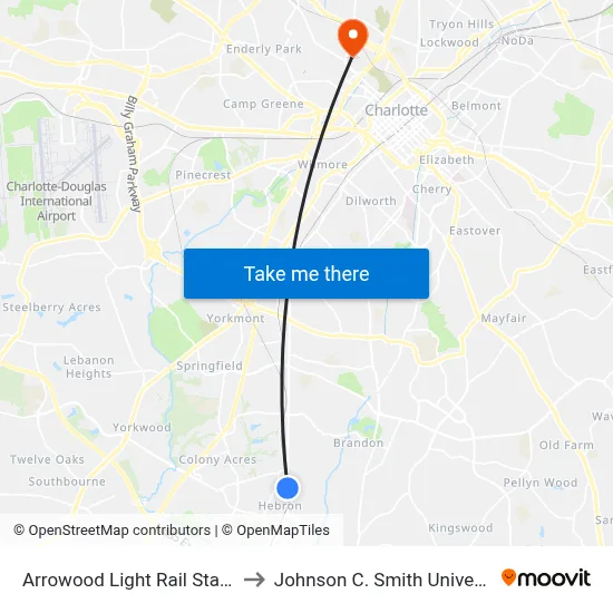Arrowood Light Rail Station to Johnson C. Smith University map